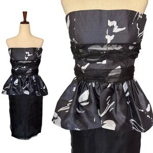 Vintage 80s Loris Azzaro Black & White Print Strapless Peplum Dress sz 40 NWT
